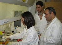Research Exchange visitors Ana Marques (Portugal) and Mohamed Ammar (Egypt) work with Lehigh University researcher Hassan Moawad