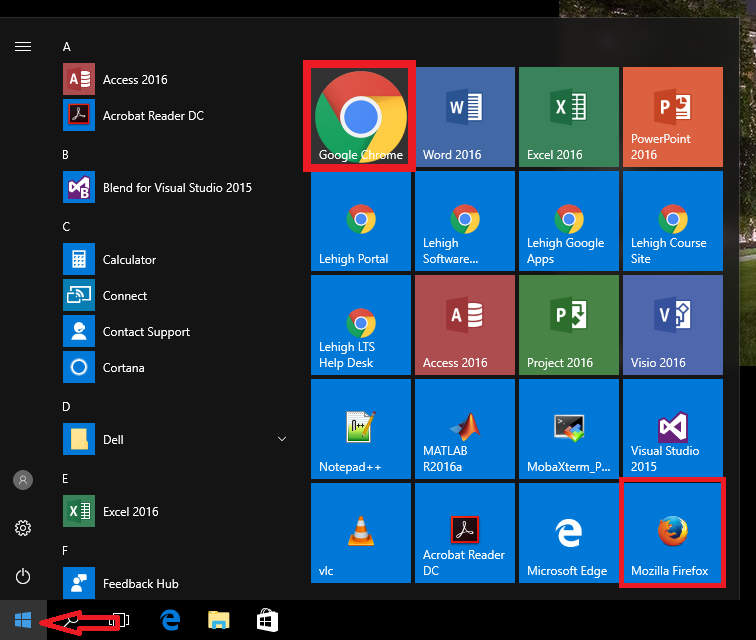 Screenshot of Windows 10 Start Menu with Google Chrome and Firefox highlighted